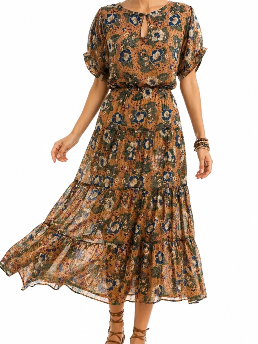 Vintage 70s–90s Boho Floral Midi/Maxi Dress Gold Sheer Overlay Elastic Waist M/L